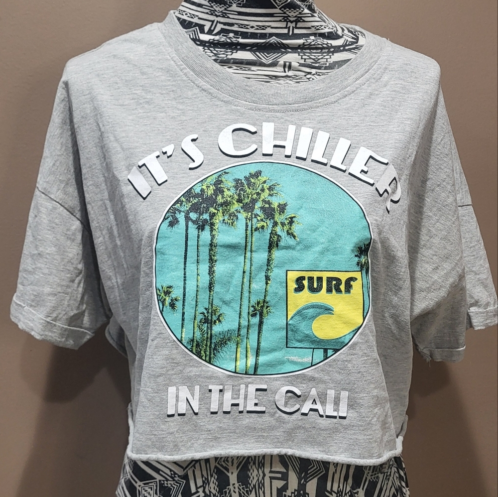 Forever 21 Gray and Blue Crop Top with Surf Graphic
